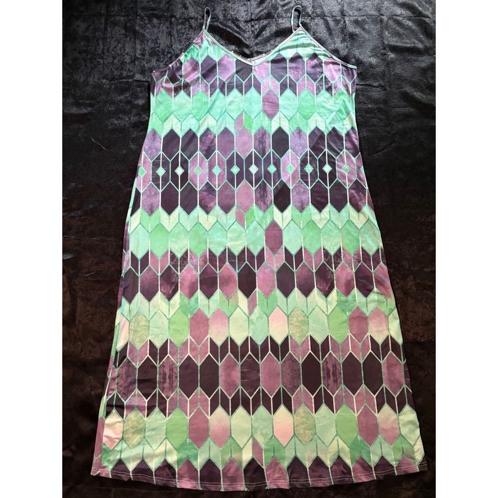 Geometric Diamond Print V-Neck Maxi Dress Green Purple 7XL Plus Size Sleeveless
